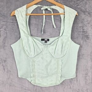 Madden NYC Top Womens XL Green Corset Babydoll Eyelet Coquette Cottagecore Crop